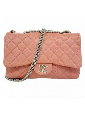 Chanel Shoulder Bag Quilted Leather Pink Silver